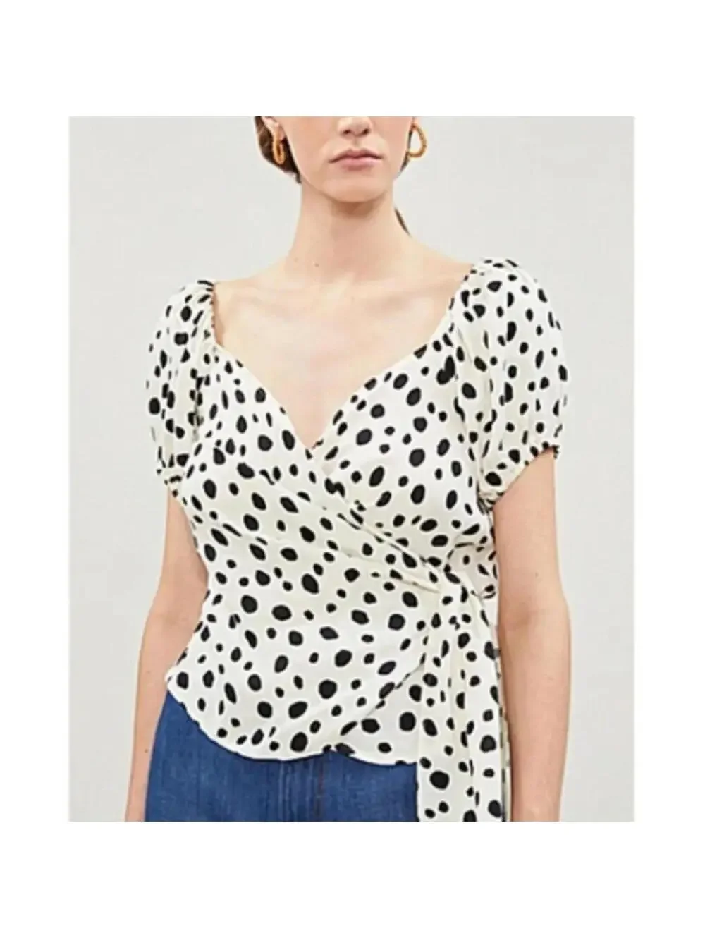 Reformation Lores Off The Shoulder Puff Sleeve Wrap Top in polkadot